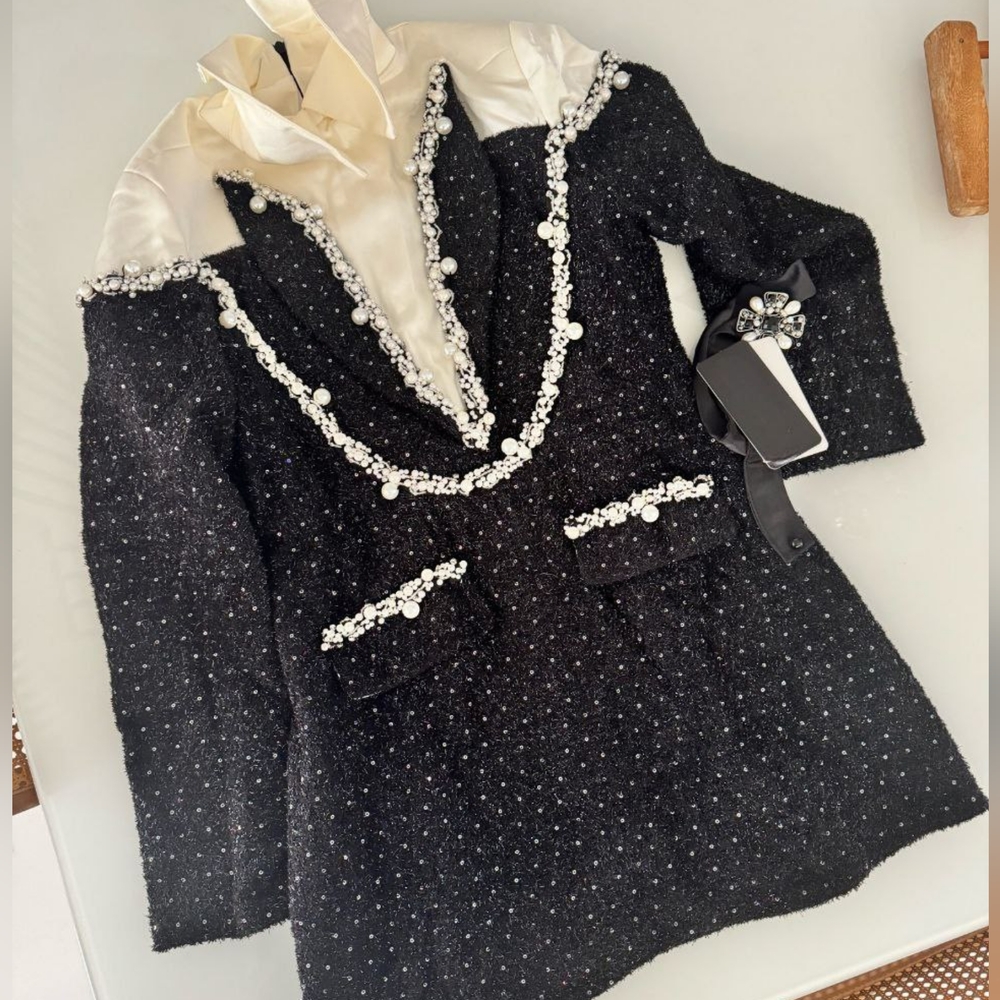 Spliced Pearls Mini Dress For Women Lapel Long Sleeve High Waist Patchwor - Picture 7 of 7